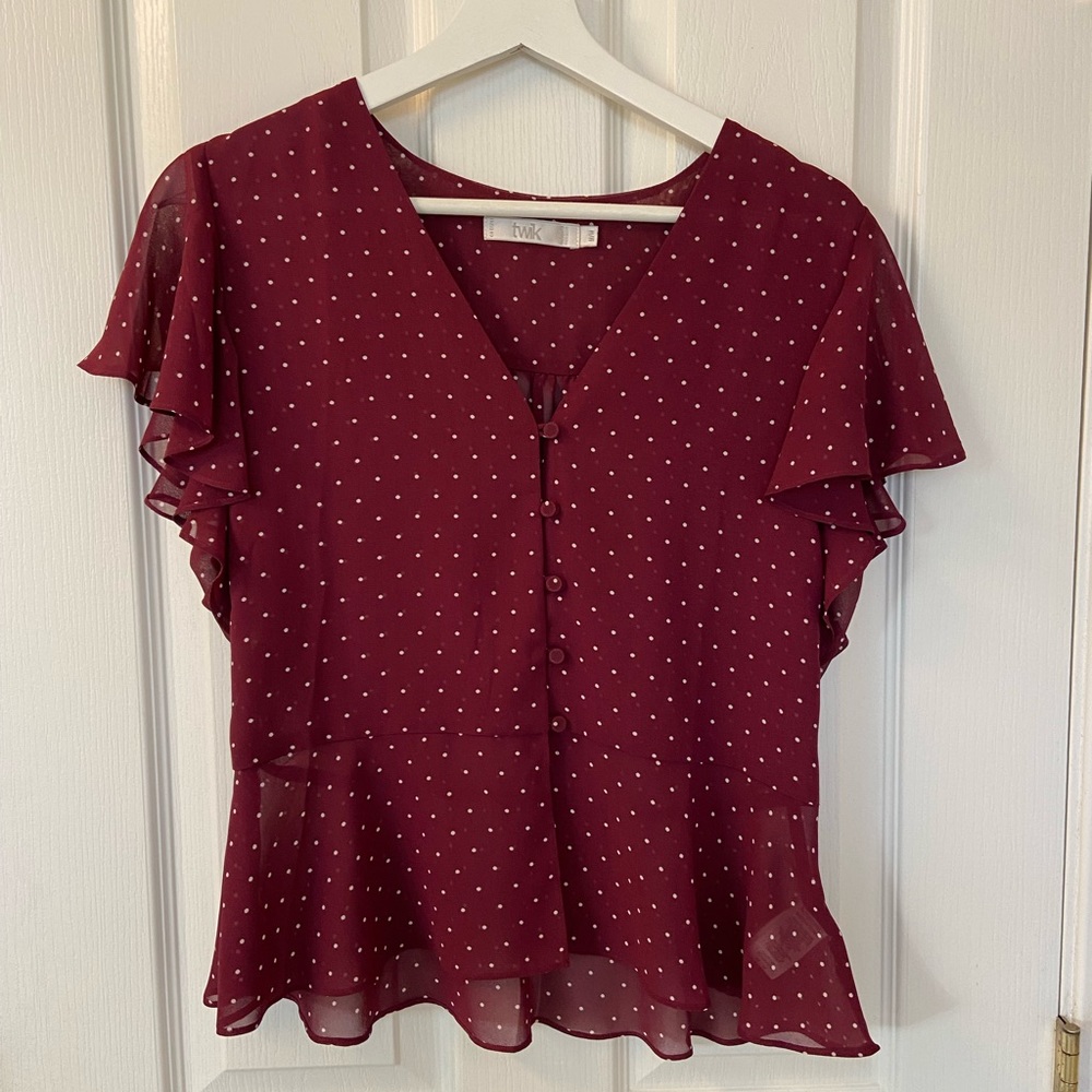 twik Burgundy Polka Dot Flutter Sleeve Blouse